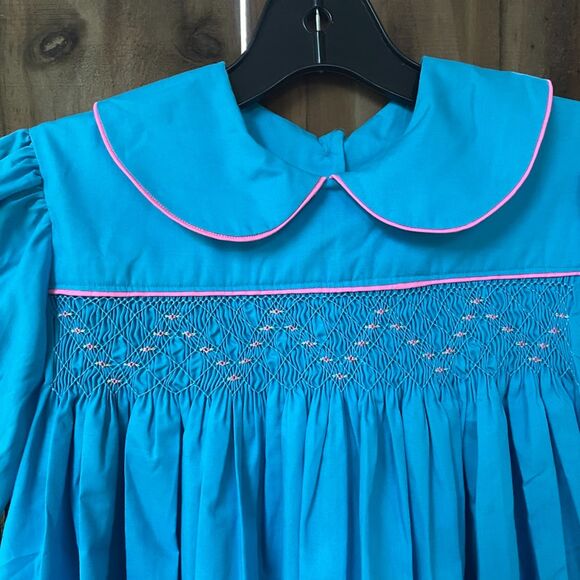 Girls' Handmade SMOCKED Heirloom DRESS Ciel Blue 10-12 Vicky Walker New - Picture 2 of 6